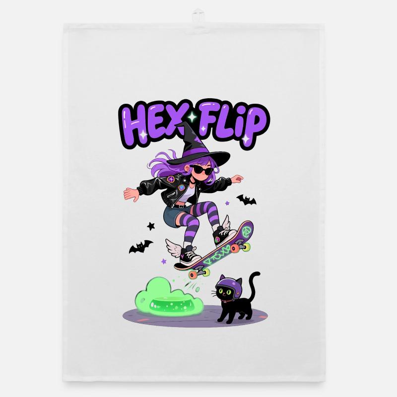 Hex Flip Witch Skateboard Design - Organic dish towel - white
