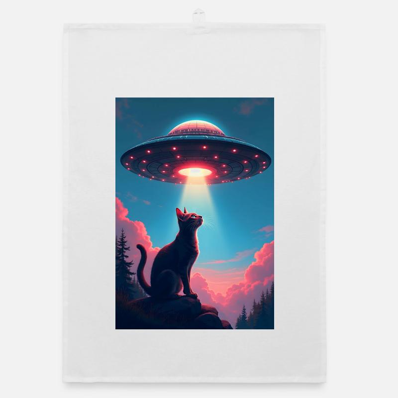 Space cat with UFO light beam Organic dish towel