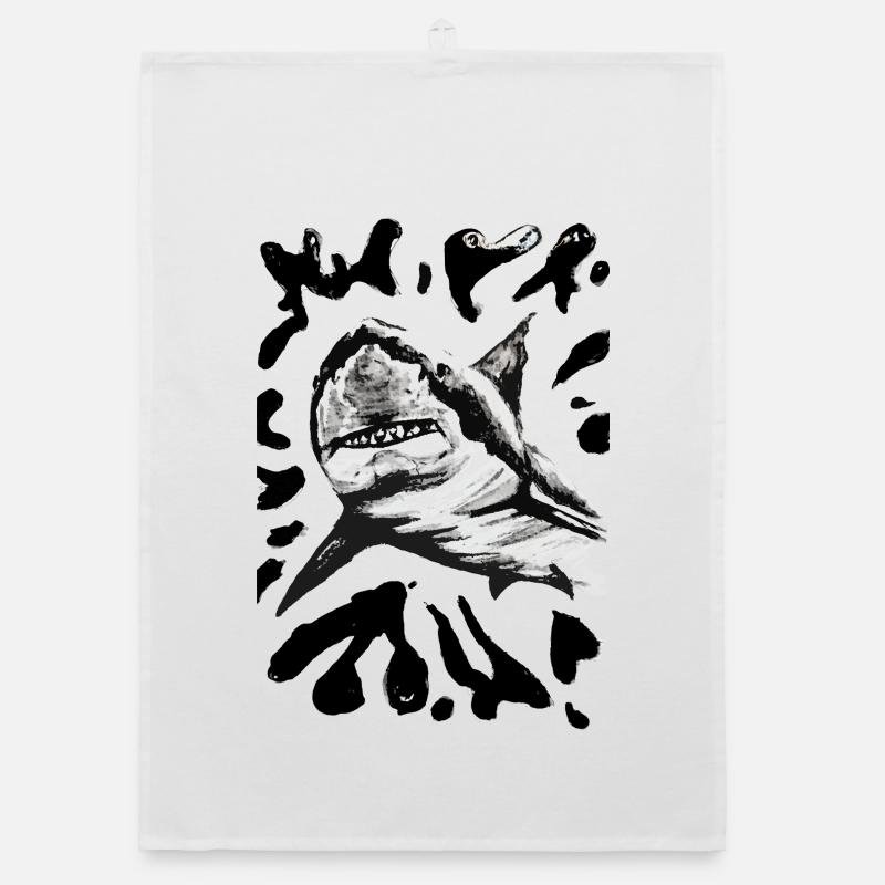 Dessin à l’encre de requin noir et blanc Torchon bio