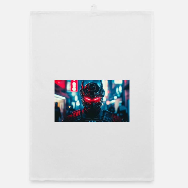 Futuristic Black and Red Warrior Face - Organic dish towel - white