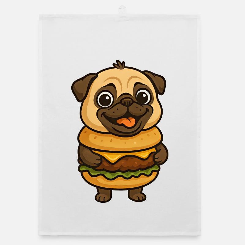 Funny Pug with Hamburg Cheeseburger Mythical Creature Organic dish towel