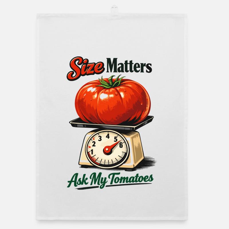 La taille compte : Tomate géante drôle sur des balances Torchon bio