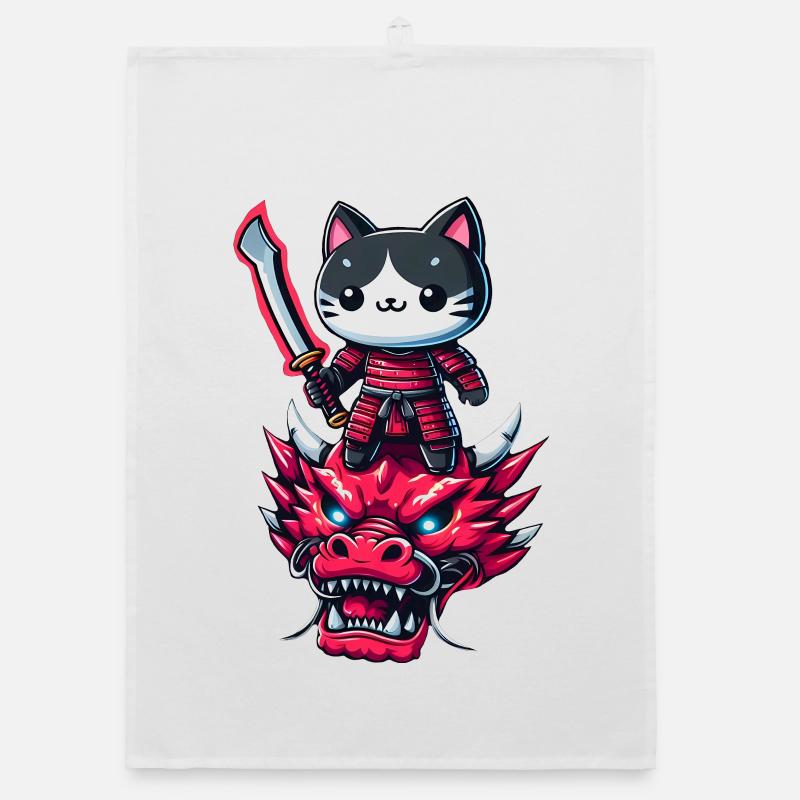 Samurai Cat with Sword on Dragon in Epic 3D Effect Organic dish towel