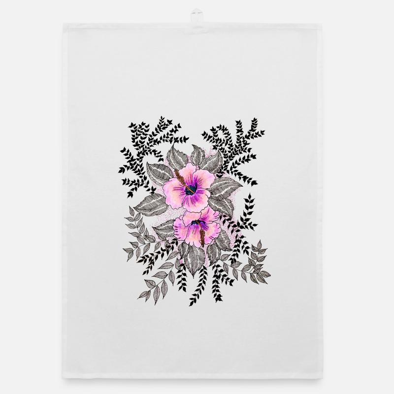 Pink Hibiscus Pattern with Black and White Leaves Organic dish towel