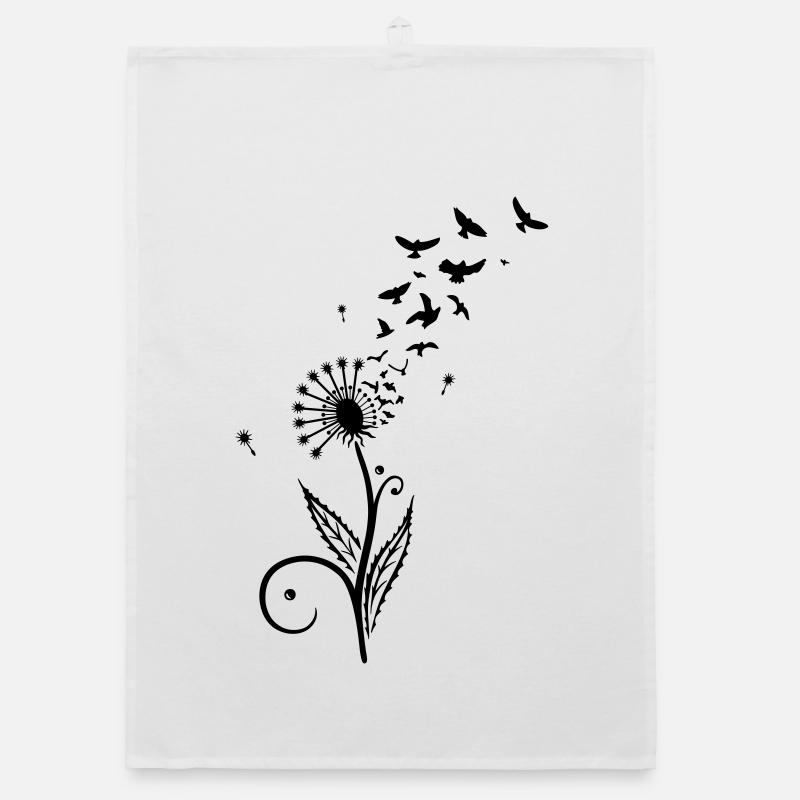 Dandelion with flying birds. Organic dish towel