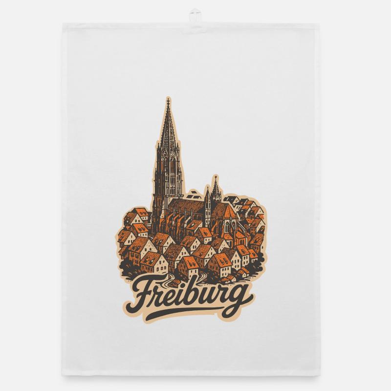 Freiburg Altstadt mit Handlettering - Organic Geschirrtuch - Weiß