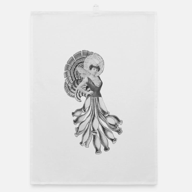 Victorian Dancer with Feather Fan - Organic dish towel - white