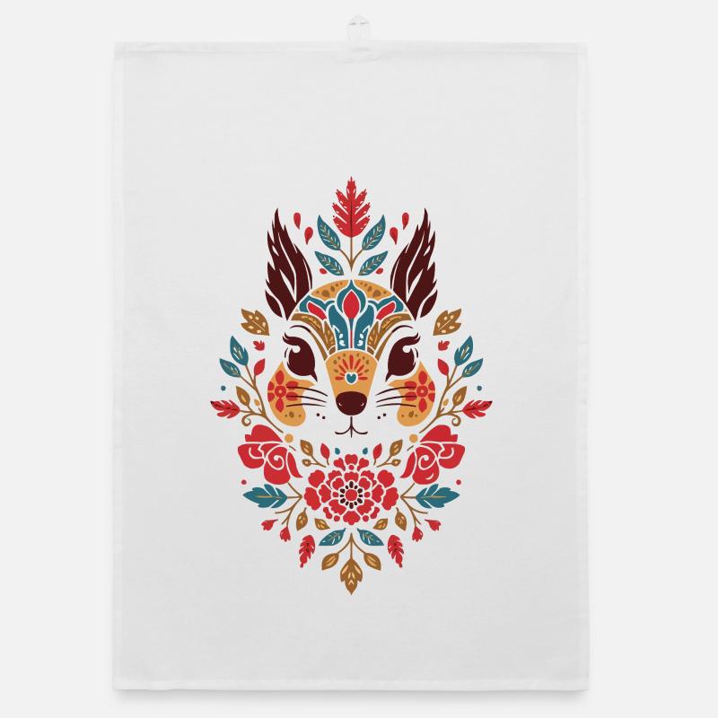 Blumen Eichhörnchen Kopf Folk-Art Organic Geschirrtuch