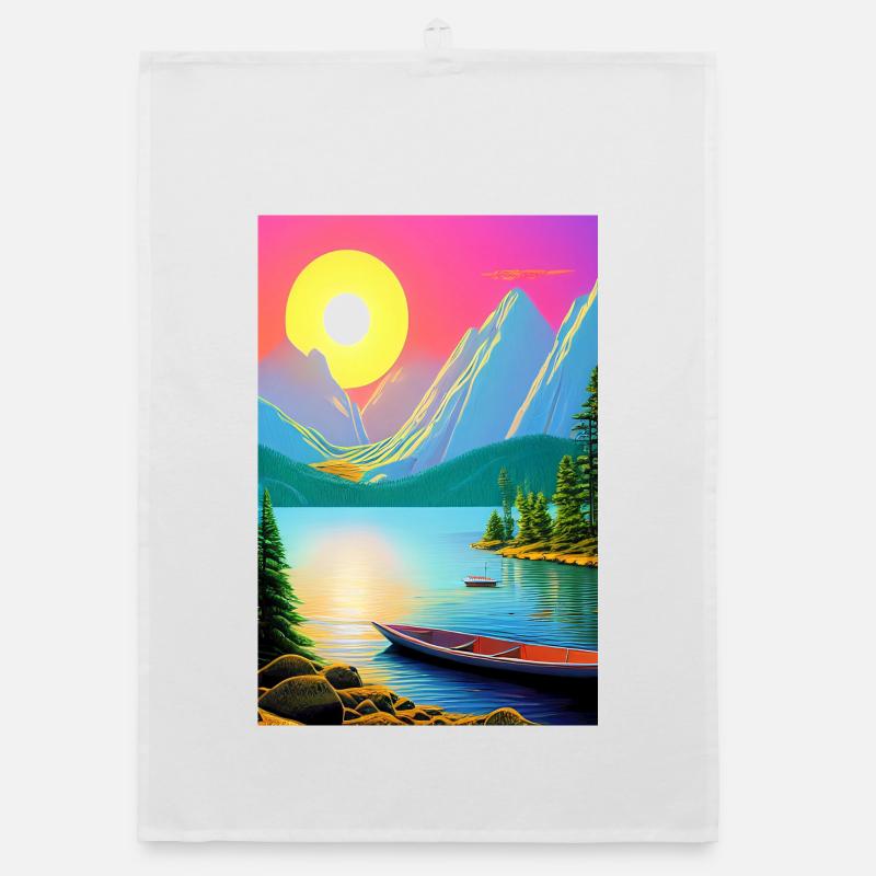 Landschaft mit See, Boot und Berge Organic Geschirrtuch