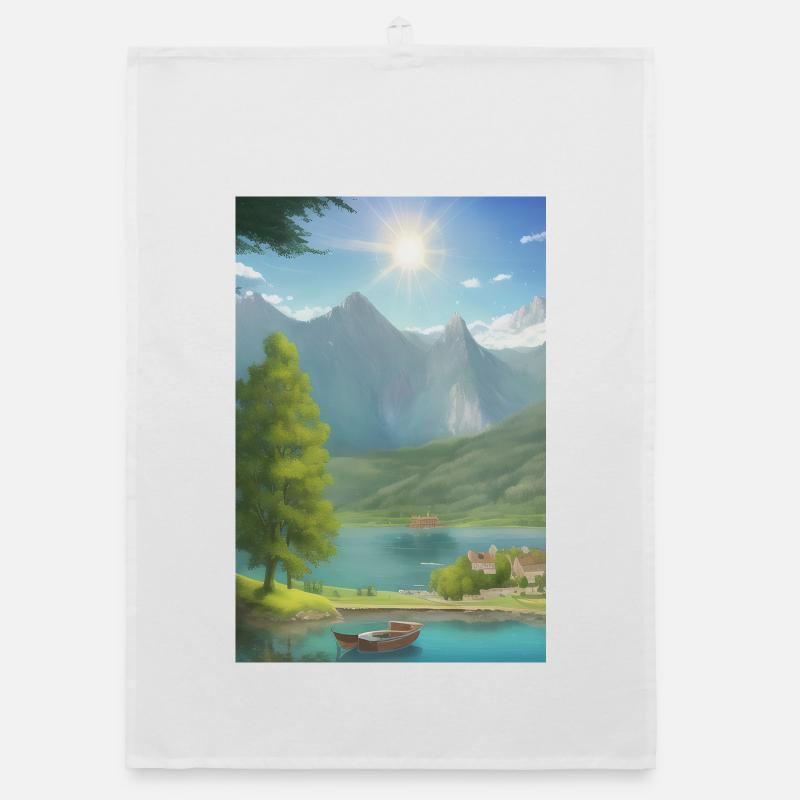 Landschaft mit See, Boot und Berge Organic Geschirrtuch