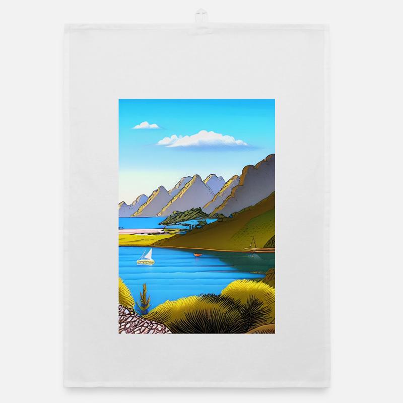 Landschaft mit See, Boot und Berge Organic Geschirrtuch