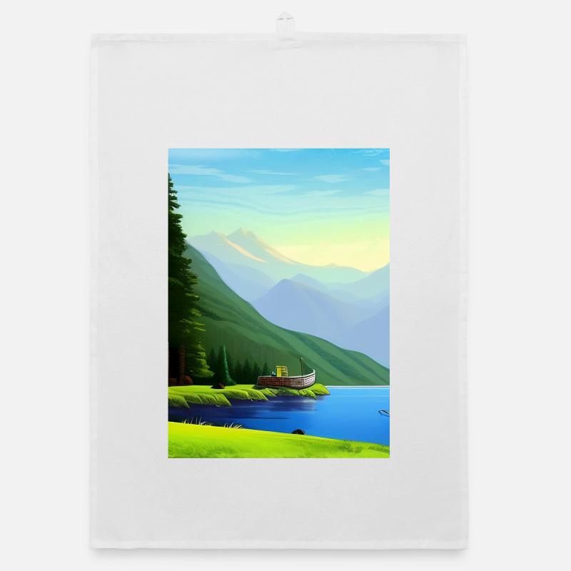 Landschaft mit See, Boot und Berge Organic Geschirrtuch