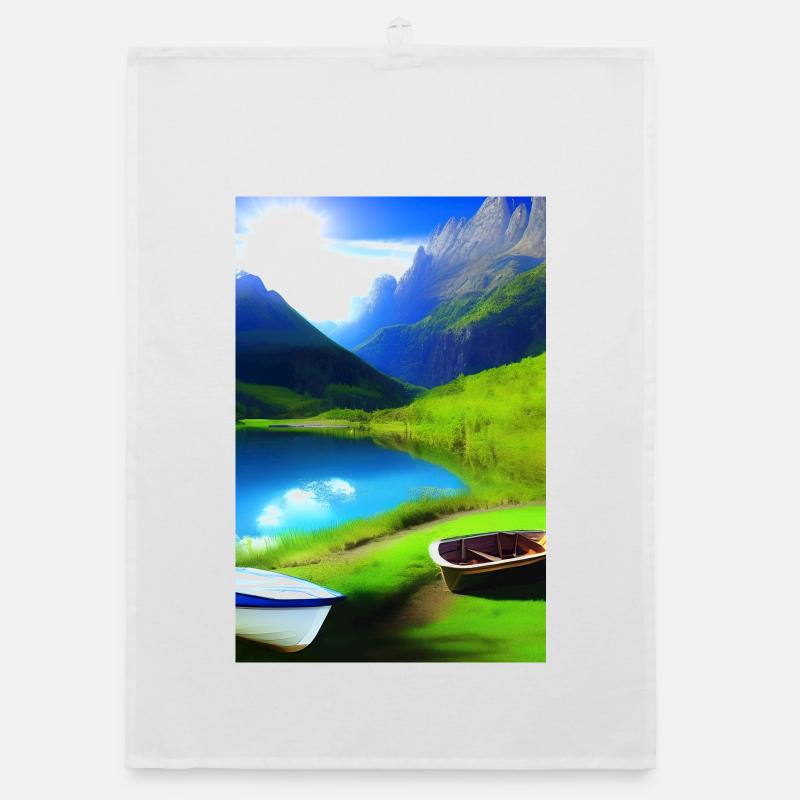 Paysage avec lac, bateau et montagnes Torchon bio