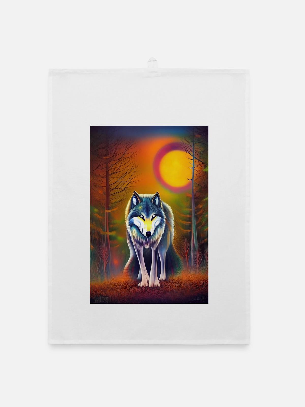 Wolf und Mond - Organic Geschirrtuch - Weiß - Vorne