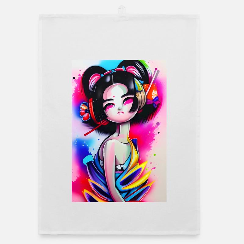 Portrait de graffiti de geisha au néon Torchon bio