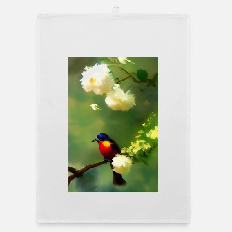 Vogel auf Ast mit Blumen Blüten Organic Geschirrtuch