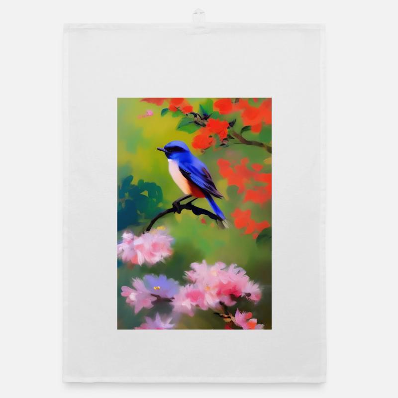 Oiseau sur branche avec fleurs Torchon bio