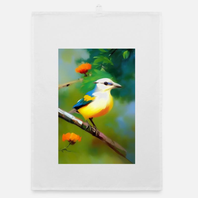 Vogel auf Ast mit Blumen Blüten Organic Geschirrtuch
