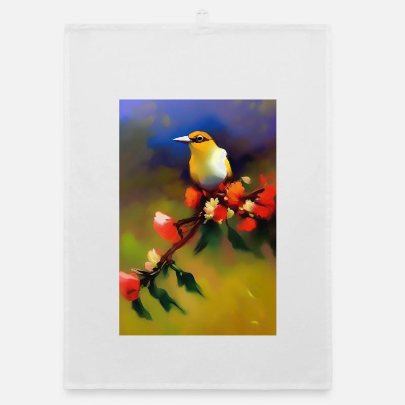Vogel auf Ast mit bunten Blüten Organic Geschirrtuch