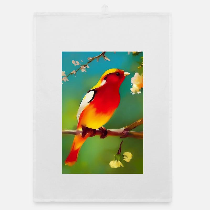 Vogel auf Ast mit bunten Blüten Organic Geschirrtuch