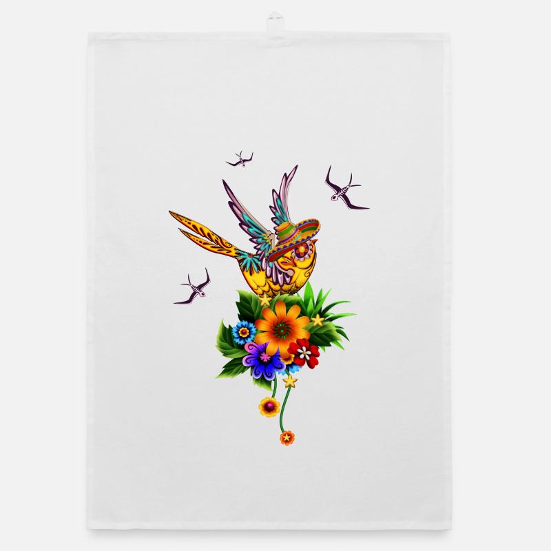 Funny sugar skull bird with hat Organic dish towel