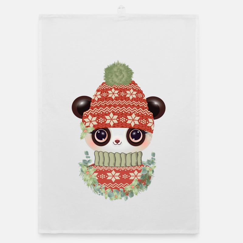 niedlicher Panda mit Pullover,Bommelmütze & Kranz Organic Geschirrtuch