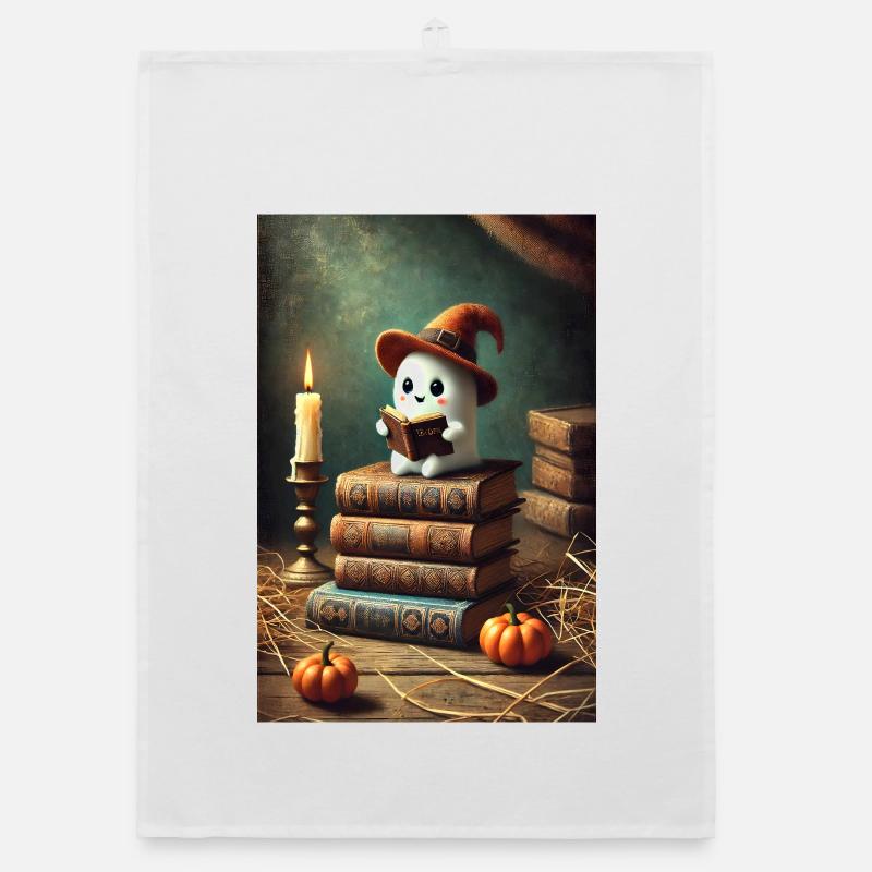 Reading Halloween ghost with a witch hat Organic dish towel