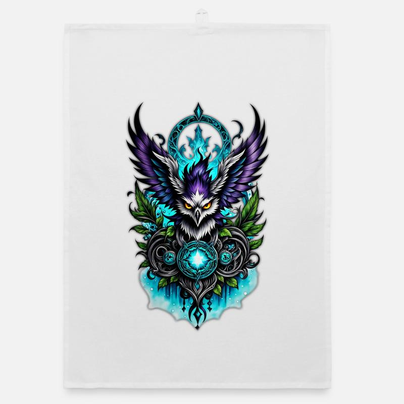Owl with magical elements. Organic dish towel