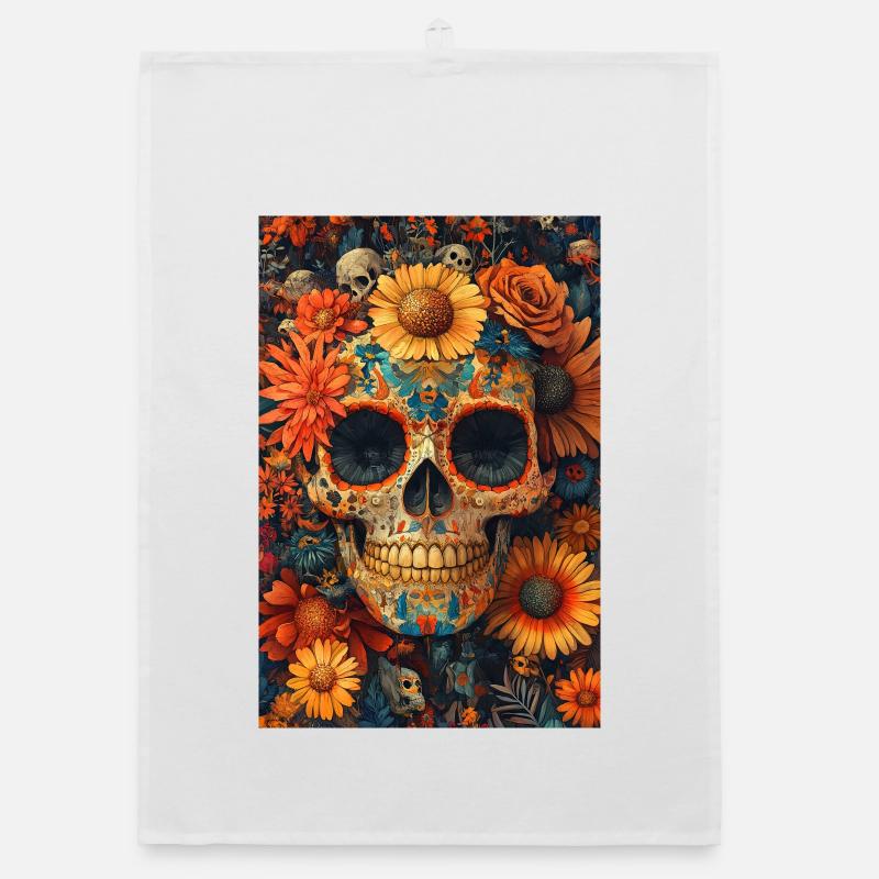 Crâne de Fleurs Día de los Muertos - Torchon bio - blanc