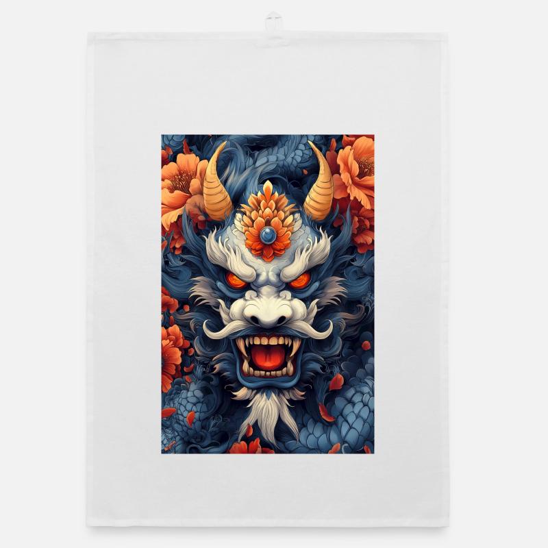 Tête de Dragon Bleue avec des Fleurs de Feu - Torchon bio - blanc