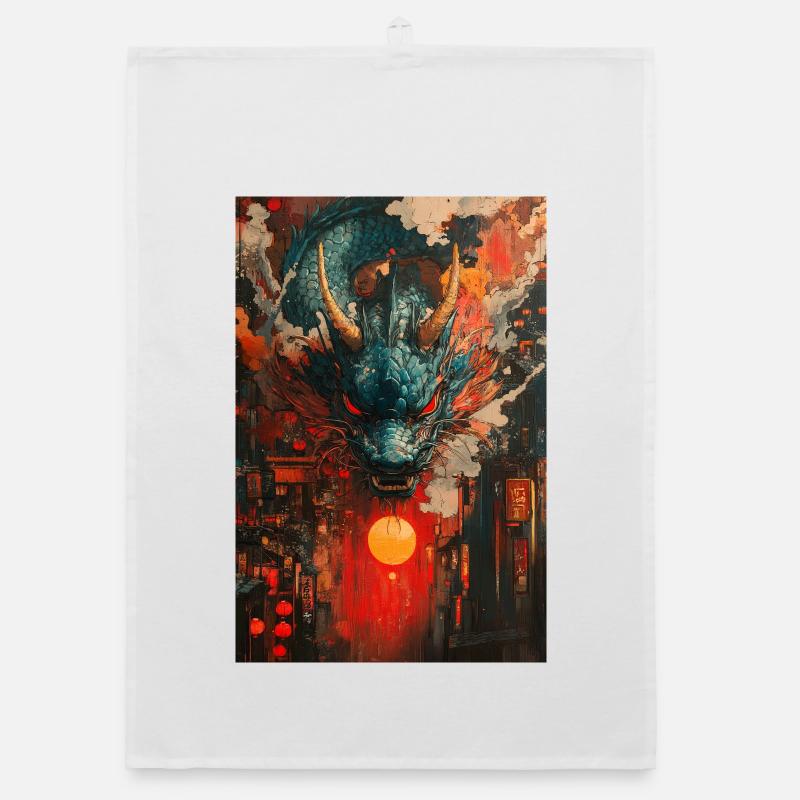Tempête de Dragon au-dessus de Neon City - Torchon bio - blanc