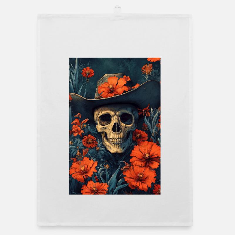 Sombrero squelette dans une mer de fleurs - Torchon bio - blanc