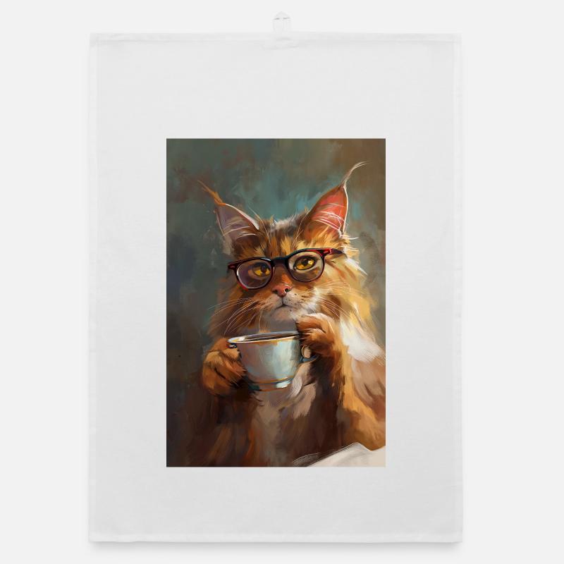 Poster Illustration de Chat avec sa tasse de café Torchon bio