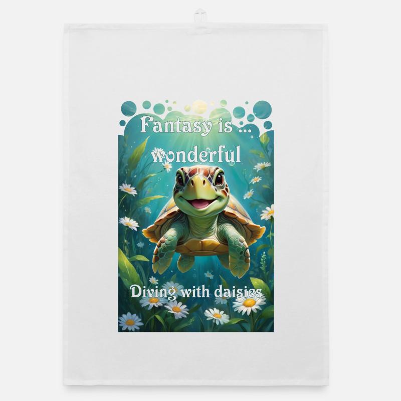 Underwater turtle dives with daisies Organic dish towel