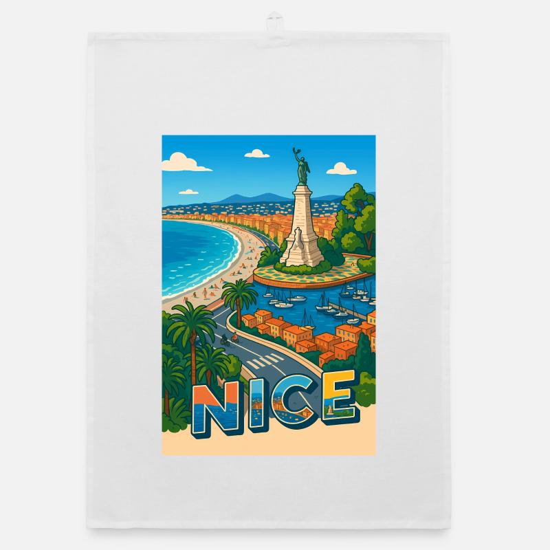  Nice Vue emblématique avec statue et mer Torchon bio