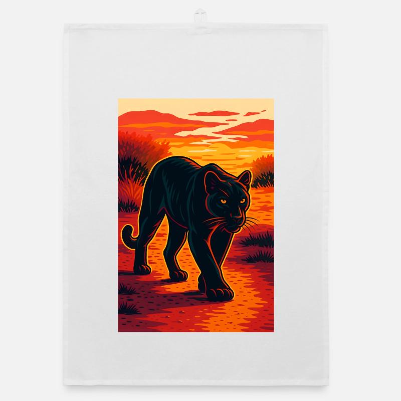 coucher de soleil noir jaguar panthère illustration Torchon bio