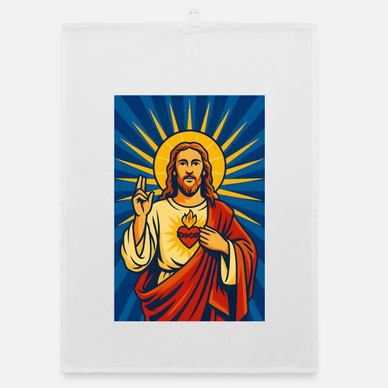 Illustration du Sacré-Cœur de Jésus, chrétien - Torchon bio - blanc