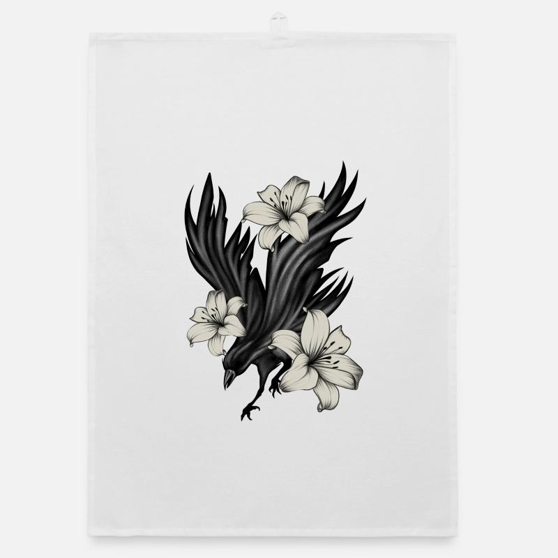 Corbeau noir avec lys blancs Torchon bio