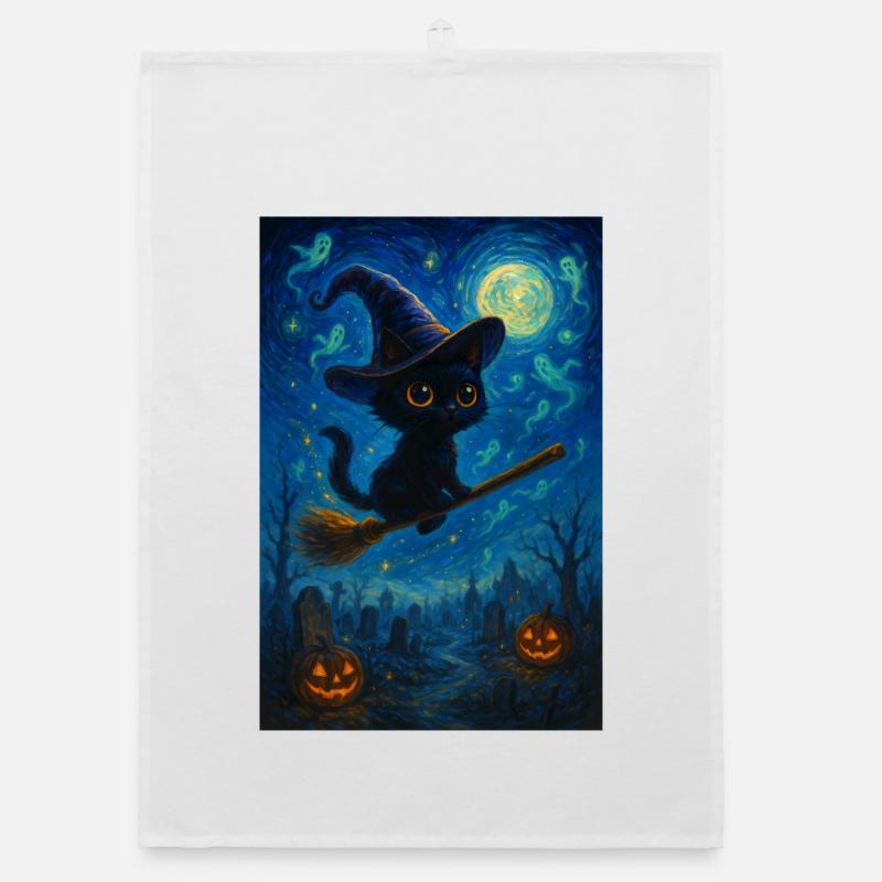 Chat noir avec un balai de sorcière - Torchon bio - blanc