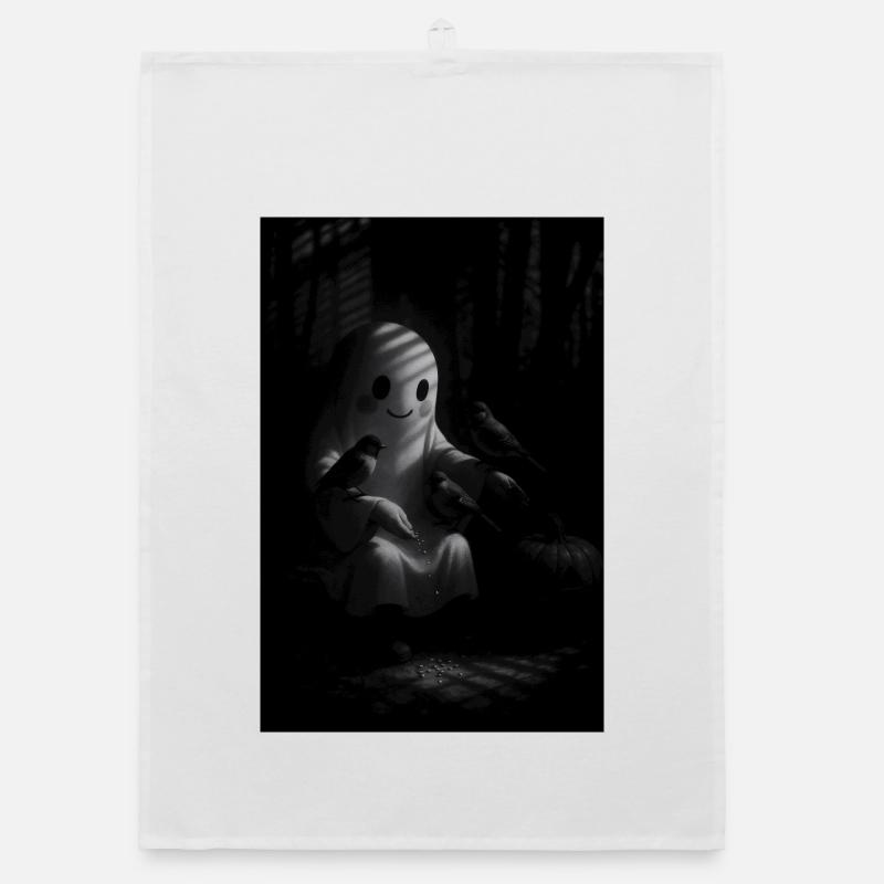Whimsical Ghost and Birds Organic dish towel