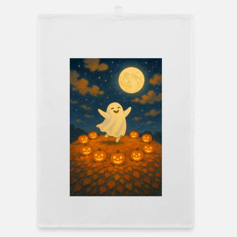 Moonlit Ghost Among Pumpkins Organic dish towel