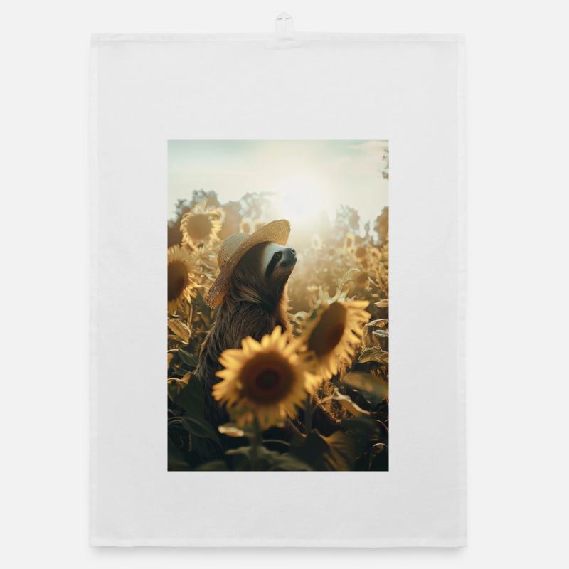 Sloth in sunflower field with hat, relax Organic dish towel