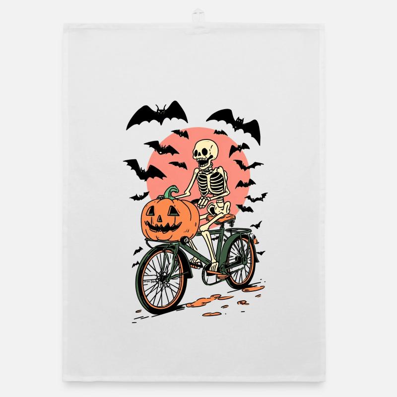 Skeleton on Bicycle with Pumpkin Organic dish towel