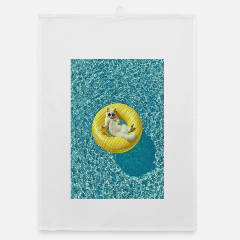 Sunlit Cat on Yellow Pool Float Organic dish towel
