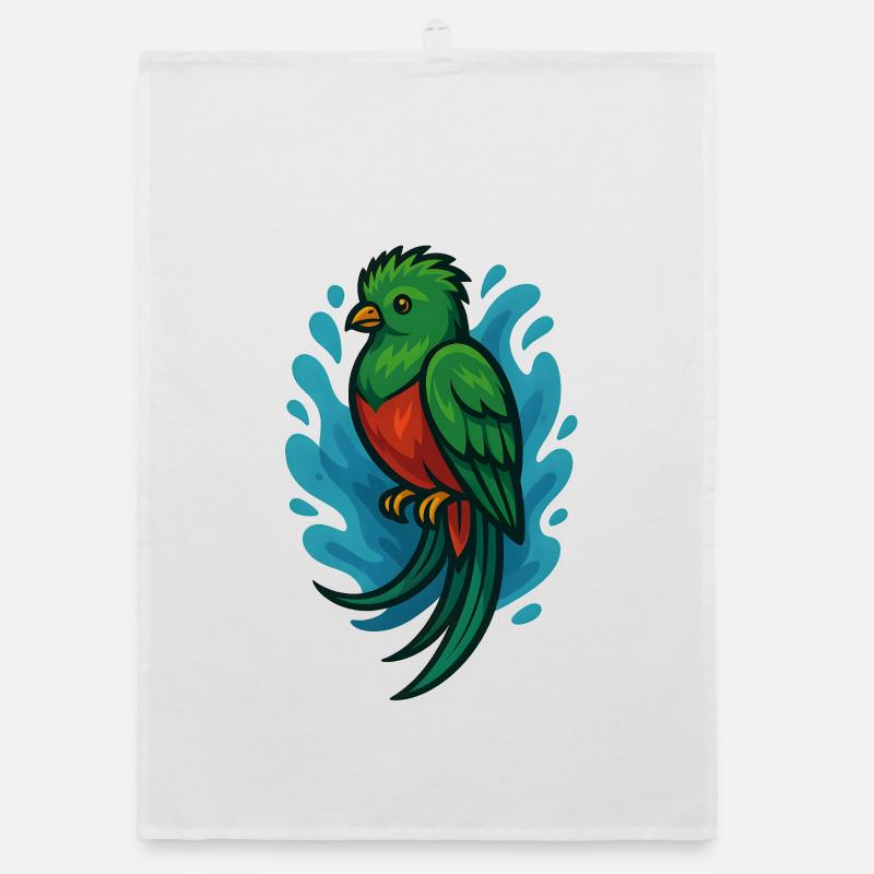 Oiseau Quetzal vert avec aquarelle bleue - Torchon bio - blanc