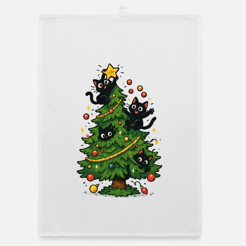 Black cats on the Christmas tree Organic dish towel