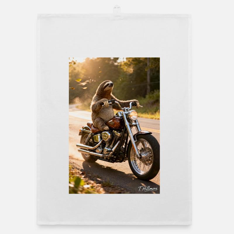 Faultier auf Motorrad - Organic Geschirrtuch - Weiß