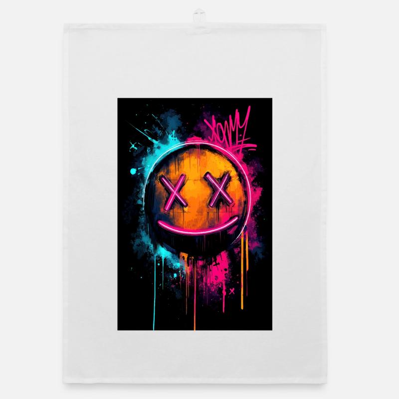 Neon Graffiti Smiley with X Eyes Organic dish towel