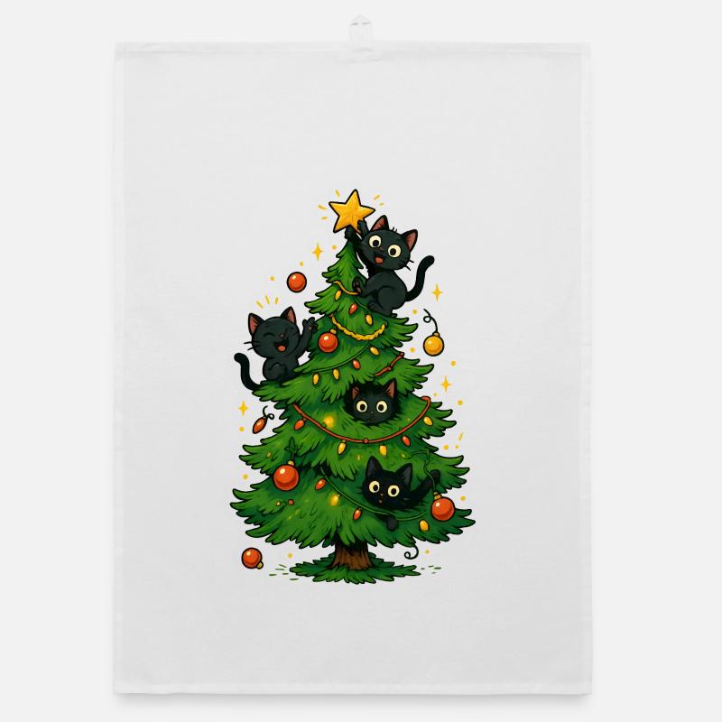 Schwarze Katzen am Weihnachtsbaum - Organic Geschirrtuch - Weiß