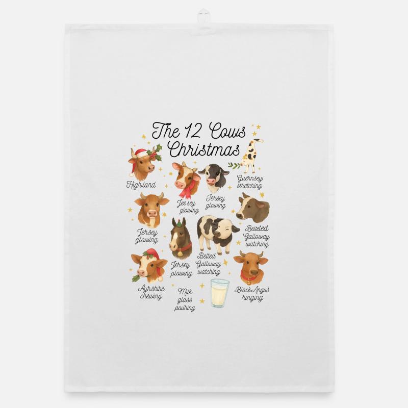 Les 12 Vaches de Noël – Lustiges Weihnachtskuh - Torchon bio - blanc
